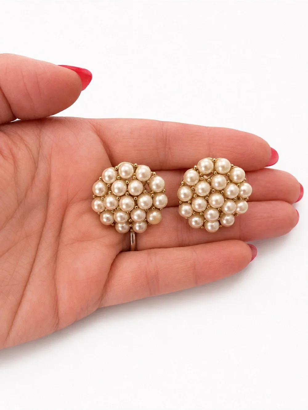 Vintage Signed Napier Faux Pearl Cluster Clip-On Earrings Gold Tone Designer